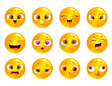 Komik sarı yuvarlak suratlar. Emoji koleksiyonu.
