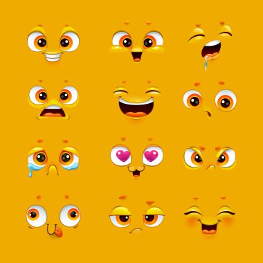Esprili emoji seti. Şirin yüz koleksiyonu. Komik çizgi film suratları..