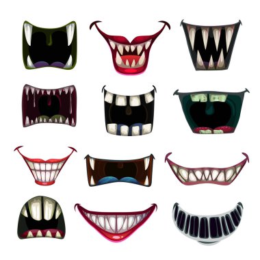 Creppy fantasy monsters mouth set. Vector scary jaws collection. clipart