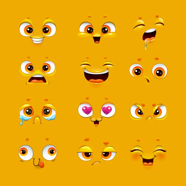 Humorous emoji set. Cute emoticon face collection. Funny cartoon comic faces. — Stock Vector