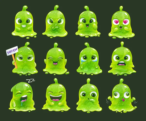 Комические скользкие пришельцы. Смешные мультяшные зелёные слизистые персонажи . — стоковый вектор