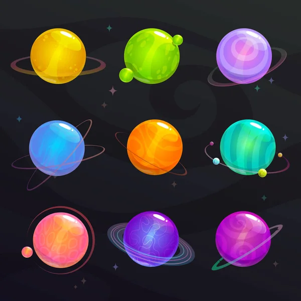 Niedlich bunte glänzende Planeten. Fantasievoll bunte Assets für das Spieldesign. — Stockvektor