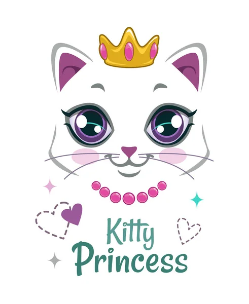 Pretty kitten print. Beautiful white princess cat face. — Stock Vector