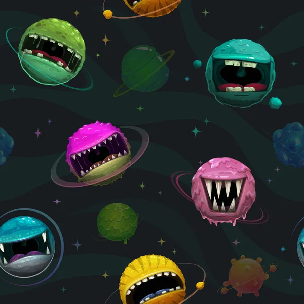 Cartoon achtergrond. Naadloos patroon met enge monsterplaneten. Buitenaards ruimteconcept. — Stockvector