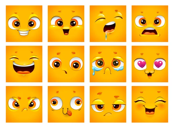 Emoji face collection. Funny cartoon comic square yellow faces on white background. — Stock Vector