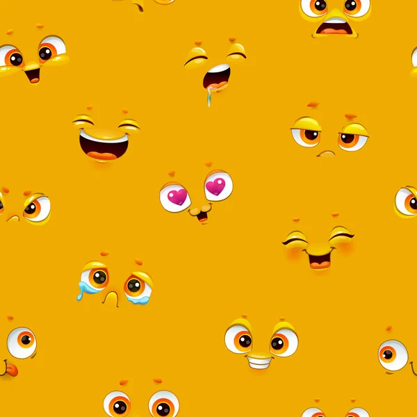 Seamless pattern with funny cartoon faces on yellow background. — Stock Vector