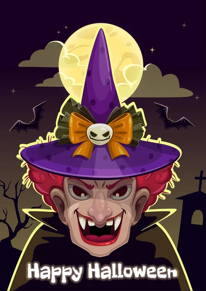 Cartoon Halloween carte de voeux avec visage de sorcière effrayant . — Image vectorielle