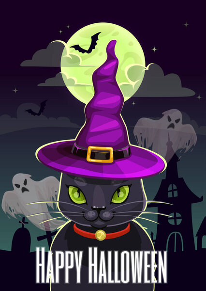 Funny Halloween greeting card with magic black cat with witch hat on its head, ghosts, moon and spooky landscape.