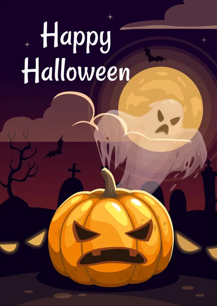 Tarjeta de felicitación de Halloween de dibujos animados con calabaza espeluznante, fantasma y paisaje terrible . — Vector de stock