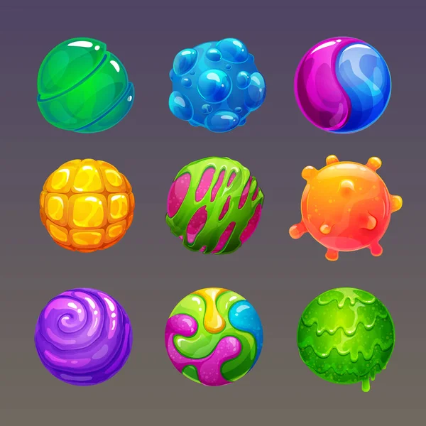 कार्टून रंगीन पतली गेंदों। खेल डिजाइन के लिए मजेदार कीचड़ बुलबुले . — स्टॉक वेक्टर