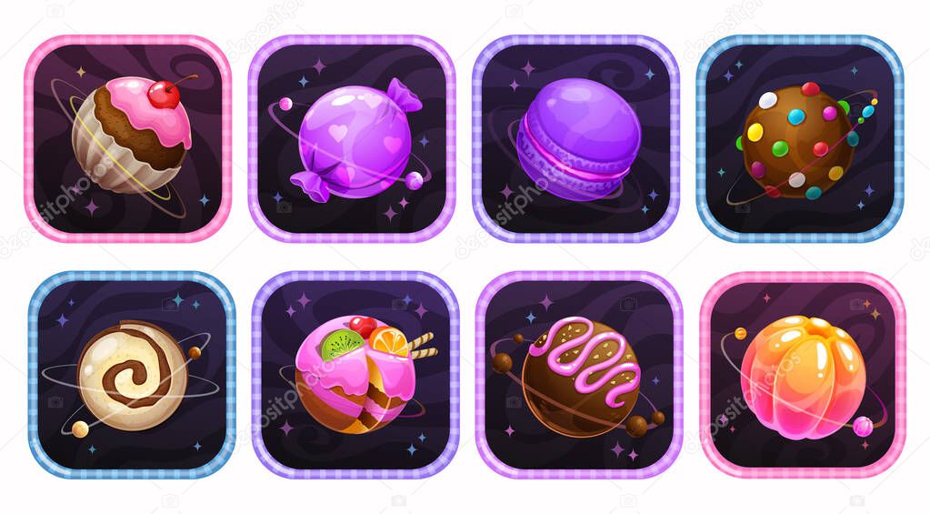 App icons with yummy sweet planets into the colorful frames. Funny application store logo set. Cartoon game assets. Vector illustration.