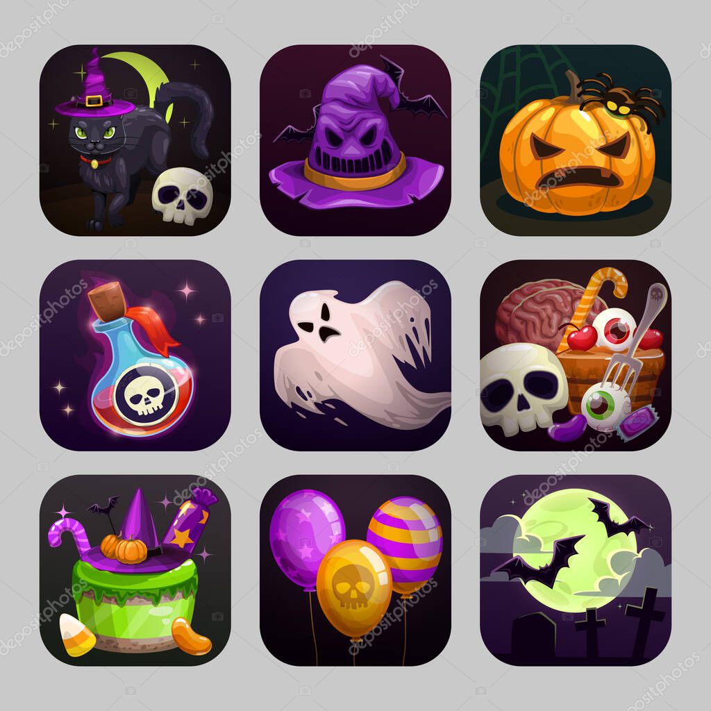Scary cartoon app icons with Halloween attributes. Ghost, pumpkin, witch hat, ful moon, poison, black cat icon. Vector square logo for game design.