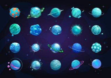 Çizgi film mavi gezegenler seti. Kozmik arkaplanda komik bir fantezi gezegeni.