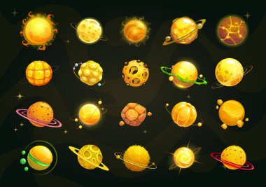 Çizgi film sarı ve turuncu gezegenler. Kozmik arkaplanda komik bir fantezi gezegeni.