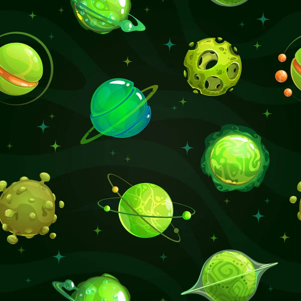 Nahtloses Muster mit fantasievollen grünen Planeten auf Weltraumschrott. — Stockvektor