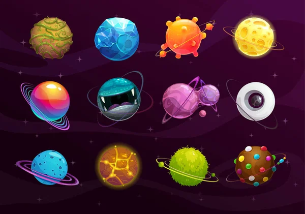 Divertente concetto di galassia. cartone animato fantasia colorata pianeti alieni impostato . — Vettoriale Stock