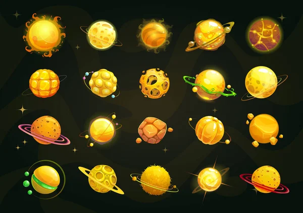 Cartoon gele en oranje planeten ingesteld. Grappige fantasie planeet op kosmische achtergrond. — Stockvector