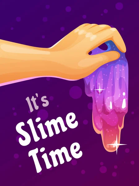 Cartoon poster with beautiful multicolored sparkling slime in the hand and funny slogan on violet background. — Stock Vector