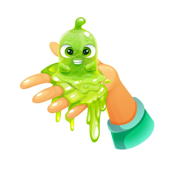 Funny cartoon green slimy character sitting on the hand. Cute slime toy. — Stock Vector