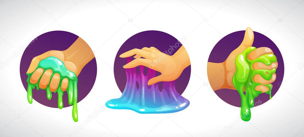 Funny colorful homemade slime holding in the hand. Cool cartoon logo for childish slimy toys. Vector illustration.