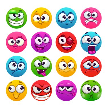 Komik renkli yuvarlak emoji yüzleri. Vektör duygu simgeleri ayarlandı.