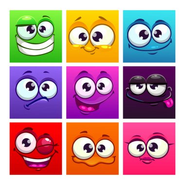 Komik karikatür renkli kare emoji yüzleri. Çizgi roman avatarları koleksiyonu.