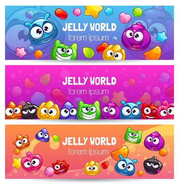Jelly világ transzparensek. Aranyos színes sablonok zselé, cukorka és vicces szörnyek. — Stock Vector