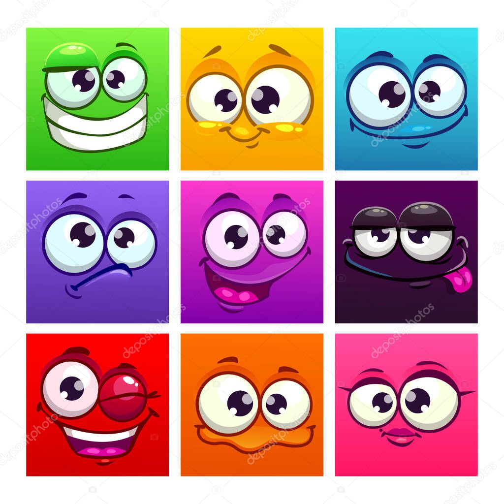Funny cartoon colorful square emoji faces. Comic avatars collection. Vector icons set.