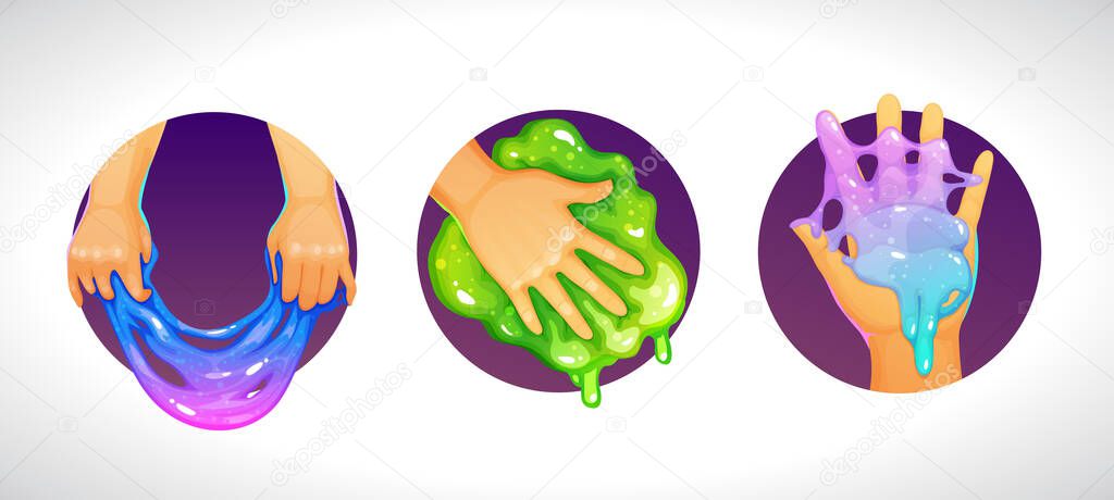 Funny colorful homemade slime holding in the hand. Cool cartoon logo for childish slimy toys. Vector illustration.