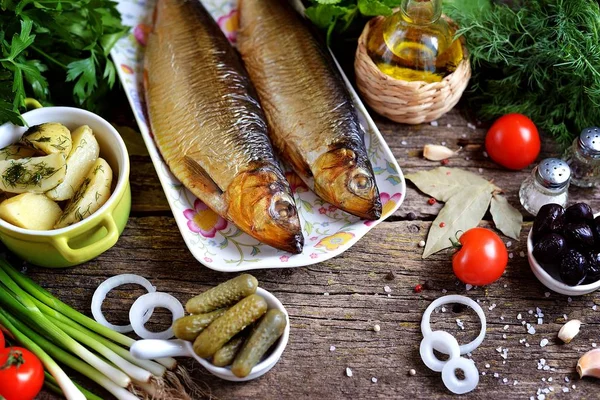 Mediterranean Cuisine Smoked Herring Boiled Potatoes Dried Olives Green Onions — Stock Photo, Image