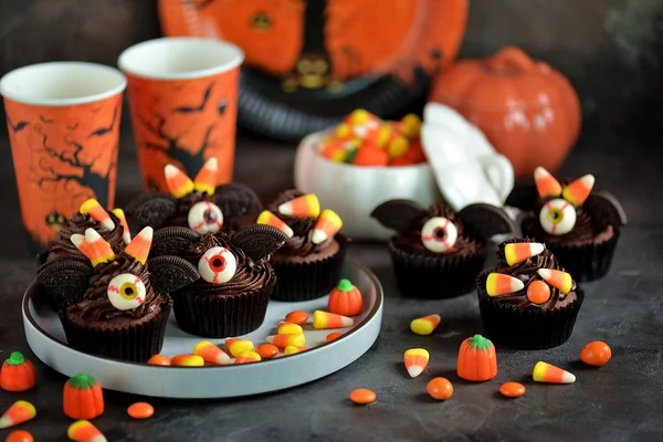 Cupcake Cioccolato Pipistrelli Deliziosi Dolci Forno Celebrazione Halloween — Foto Stock