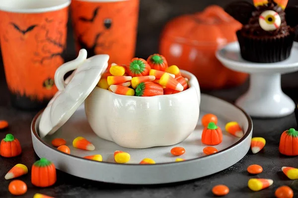 Candy corn and candy pumpkin for Halloween party.