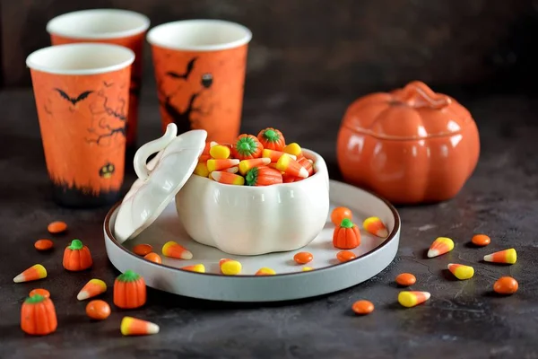 Candy corn and candy pumpkin for Halloween party.