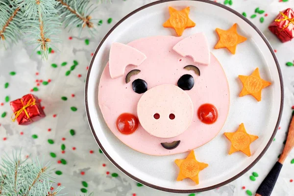 Cute pig food art idea for children\'s breakfast 2019. Top view