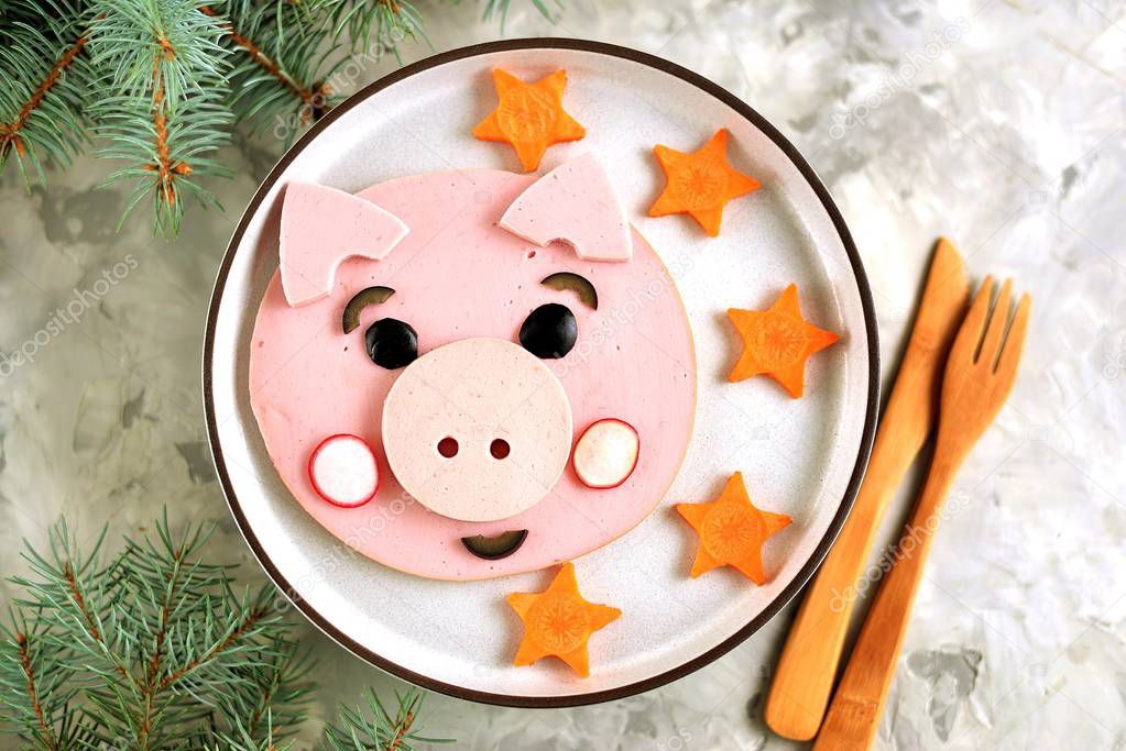 Cute pig food art idea for children's breakfast 2019. Top view