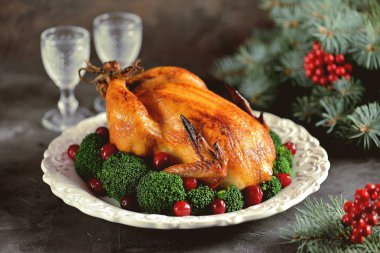 Izgara tavuk haşlanmış brokoli ve cranberries ile. Noel arka plan.