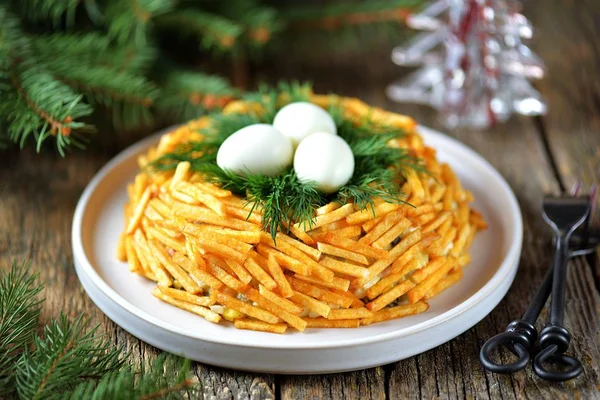 Russian Traditional Festive Salad Grouse Nest — Stock Photo, Image