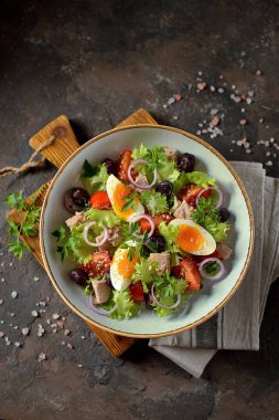 Konserve ton balığı, domates, zeytin kurutulmuş, kırmızı soğan, yumurta ve parmesan ile sağlıklı organik marul salatası. Üstten görünüm. Kopya alanı. 