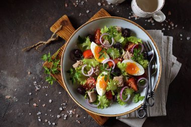 Konserve ton balığı, domates, zeytin kurutulmuş, kırmızı soğan, yumurta ve parmesan ile sağlıklı organik marul salatası. Üstten görünüm. Kopya alanı. 