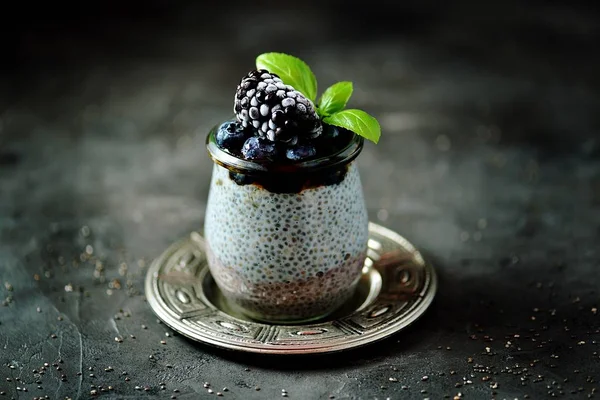 Chia Tohum Puding Ballı Yaban Mersini Böğürtlen Dondurulmuş Lezzetli Sağlıklı — Stok fotoğraf