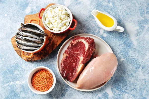 Assortiment Sources Naturelles Protéines Alimentaires Poitrine Poulet Steak Boeuf Fromage — Photo
