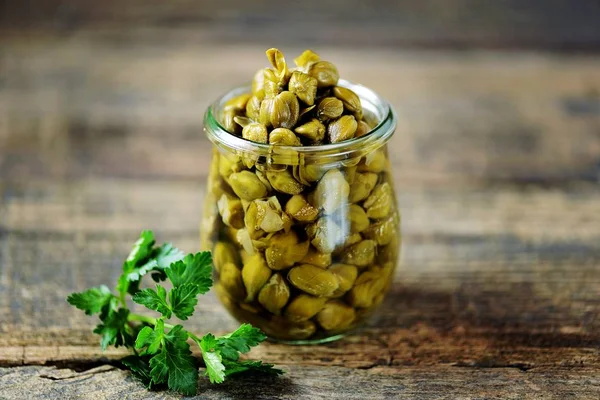 Marinated Capers Glass Jar Wooden Background — Stock Photo, Image