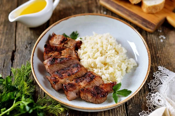 Grilled Pork Boiled Rice Old Wooden Background — Stock Photo, Image