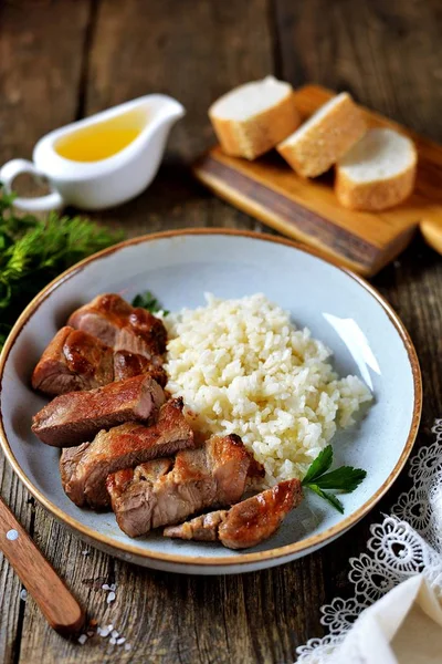 Grilled Pork Boiled Rice Old Wooden Background — Stock Photo, Image