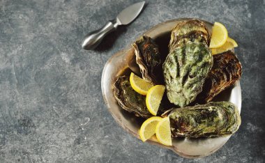 Limon ve şampanya ile nikel gümüş çanak istiridye kapalı. Üst görünüm. 