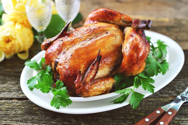 Baked Roasted Whole Chicken Delicious Homemade Food — Stock Photo, Image