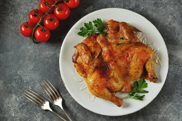 Poulet Barbecue Craché Avec Épices Ail Vue Dessus — Photo