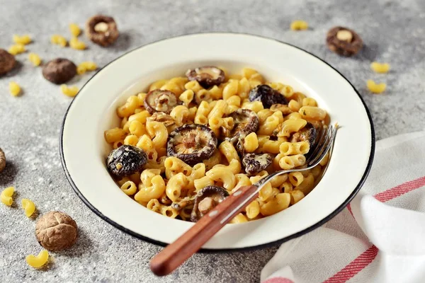 Pastas Caseras Con Queso Champiñones Secos Macarrones Con Queso Champiñones — Foto de Stock