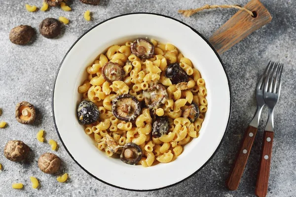 Pastas Caseras Con Queso Champiñones Secos Macarrones Con Queso Champiñones — Foto de Stock