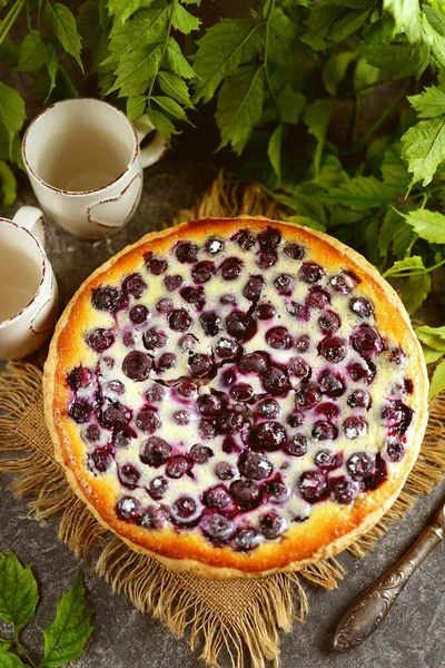 Leckere Torte Mit Saurer Sahne Und Blaubeeren Hausgemachtes Backen — Stockfoto